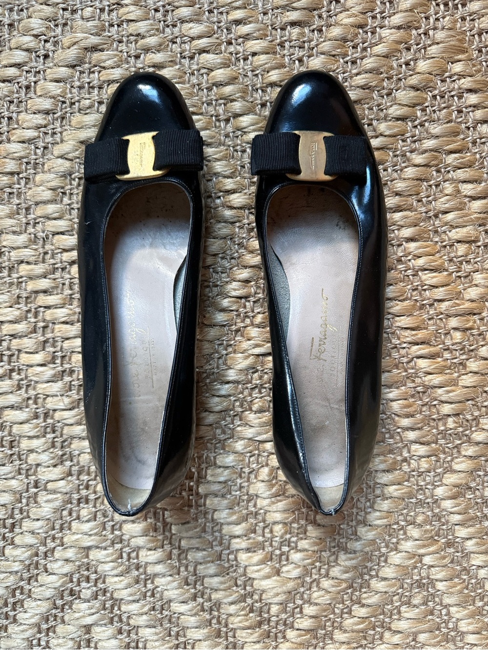 Salvatore Ferragamo Vara Black Patent Leather Bow Flats with Gold Plaque